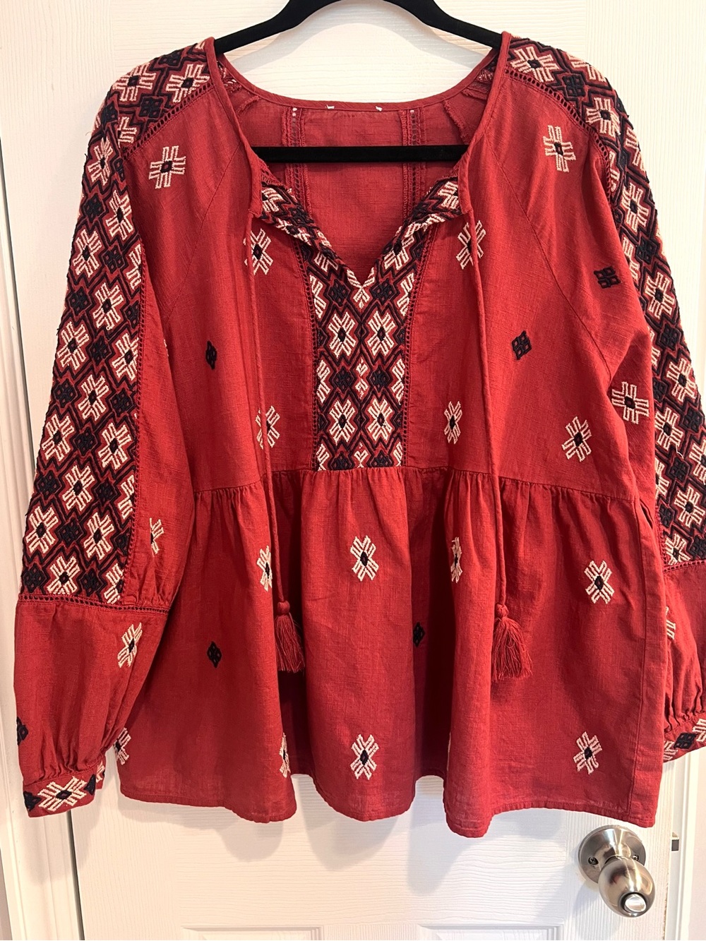 Embroidered 100% Cotton Red Peasant Blouse Top Ladder Trim Tassels Flowy XL